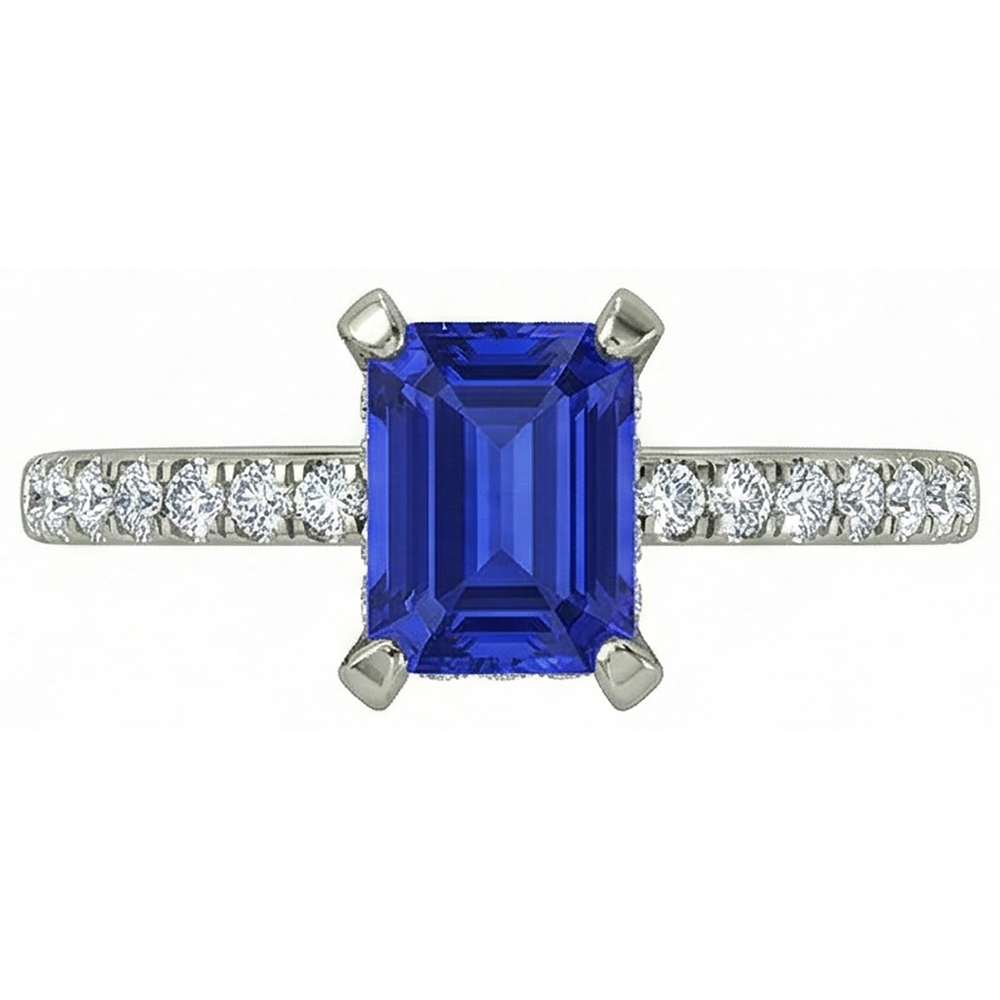 Anello nuziale Hidden Halo 12 ct Tanzanite Diamanti Naturali Autentici ( non creati in laboratorio ) Oro bianco 14K