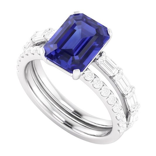 Anello nuziale con pietre preziose. zaffiro blu. diamante baguette. 3.50 carati