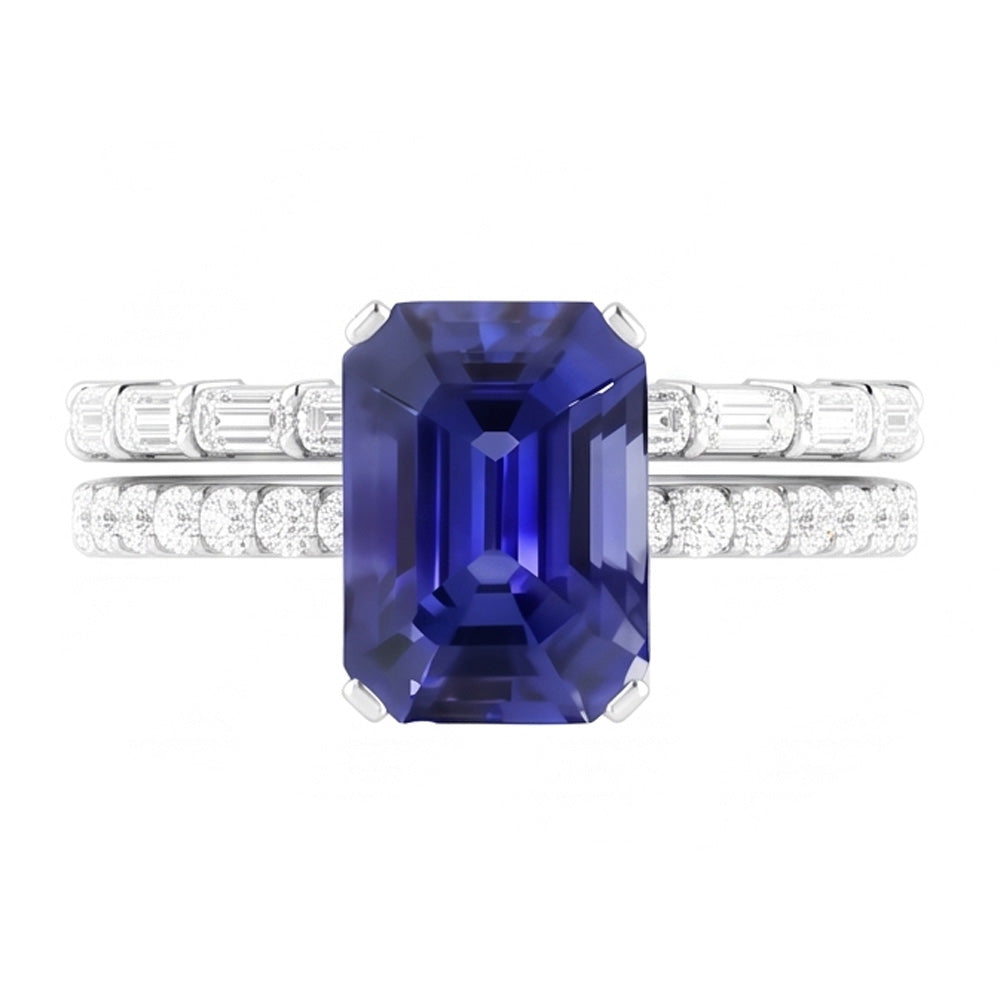 Anello nuziale con pietre preziose. zaffiro blu. diamante baguette. 3.50 carati
