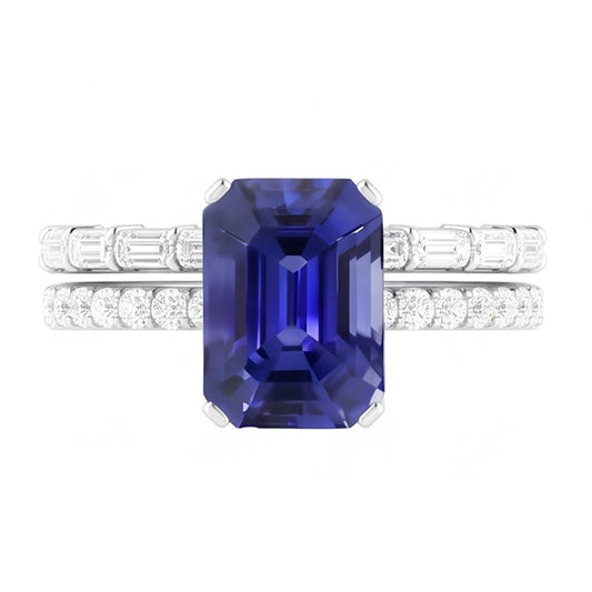 Anello nuziale con pietre preziose. zaffiro blu. diamante baguette. 3.50 carati