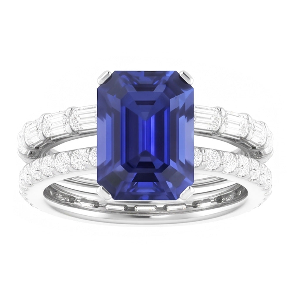 Anello nuziale con pietre preziose. zaffiro blu. diamante baguette. 3.50 carati