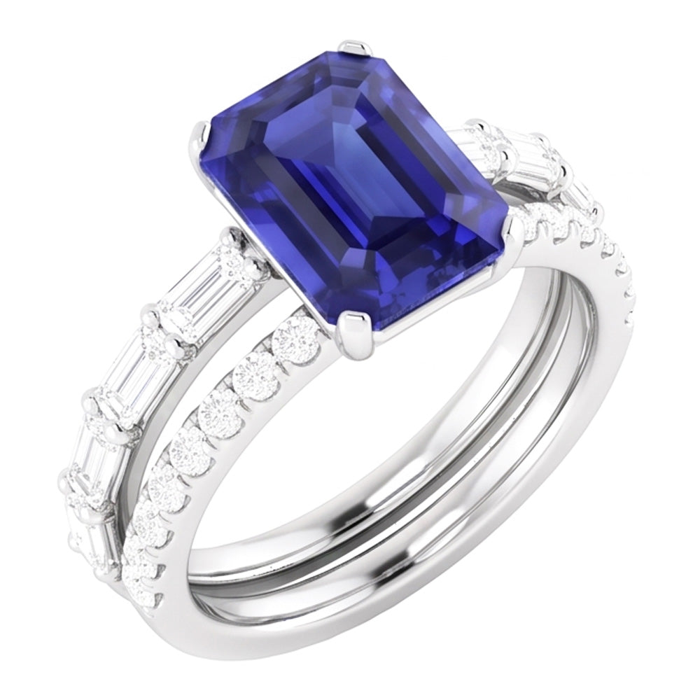 Anello nuziale con pietre preziose. zaffiro blu. diamante baguette. 3.50 carati