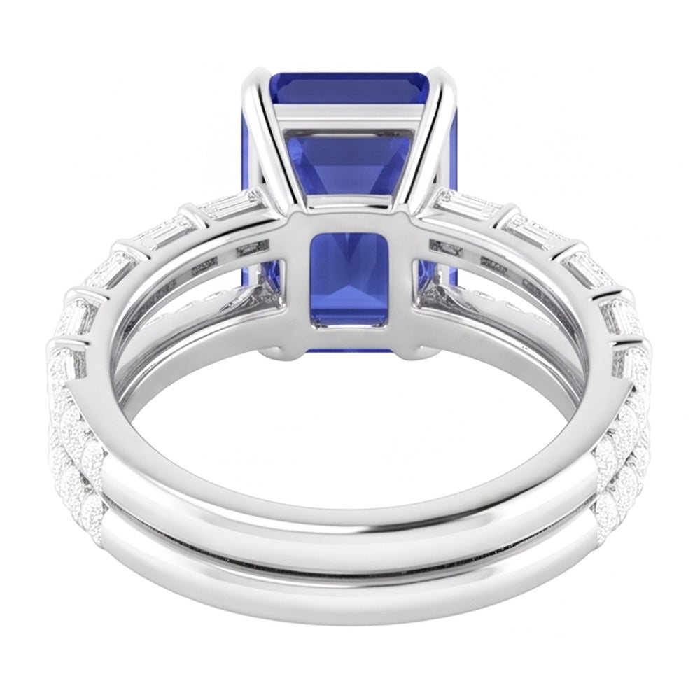 Anello nuziale con pietre preziose. zaffiro blu. diamante baguette. 3.50 carati