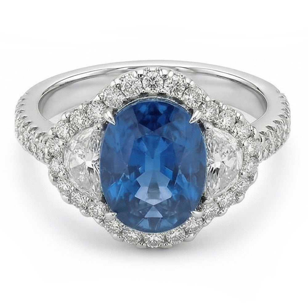Anello nuziale in oro bianco con diamante zaffiro blu dello Sri Lanka da 4.25 carati