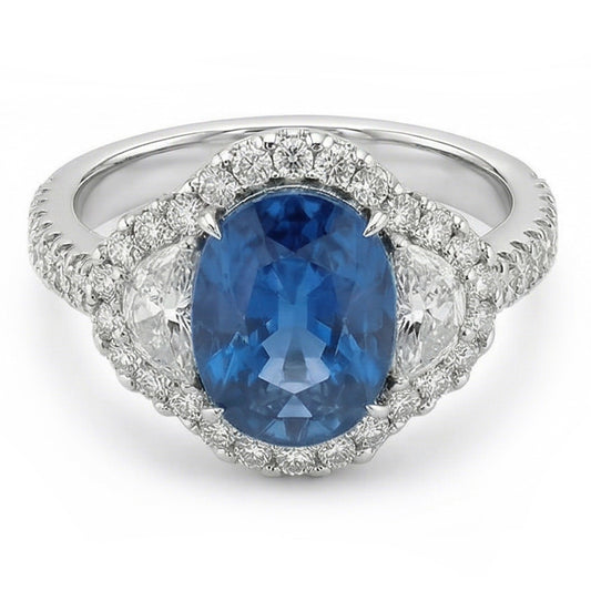 Anello nuziale in oro bianco con diamante zaffiro blu dello Sri Lanka da 4.25 carati