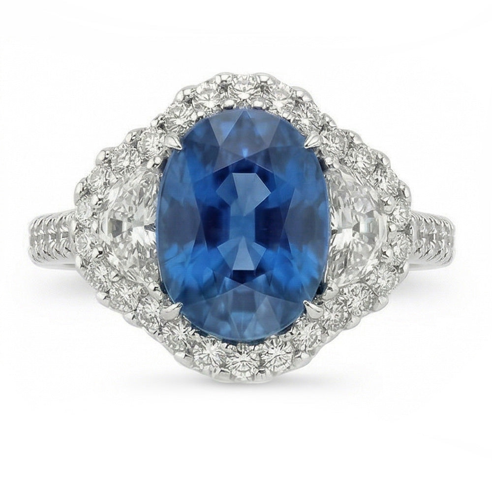Anello nuziale in oro bianco con diamante zaffiro blu dello Sri Lanka da 4.25 carati