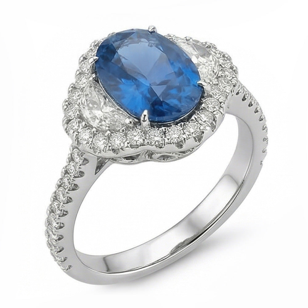 Anello nuziale in oro bianco con diamante zaffiro blu dello Sri Lanka da 4.25 carati