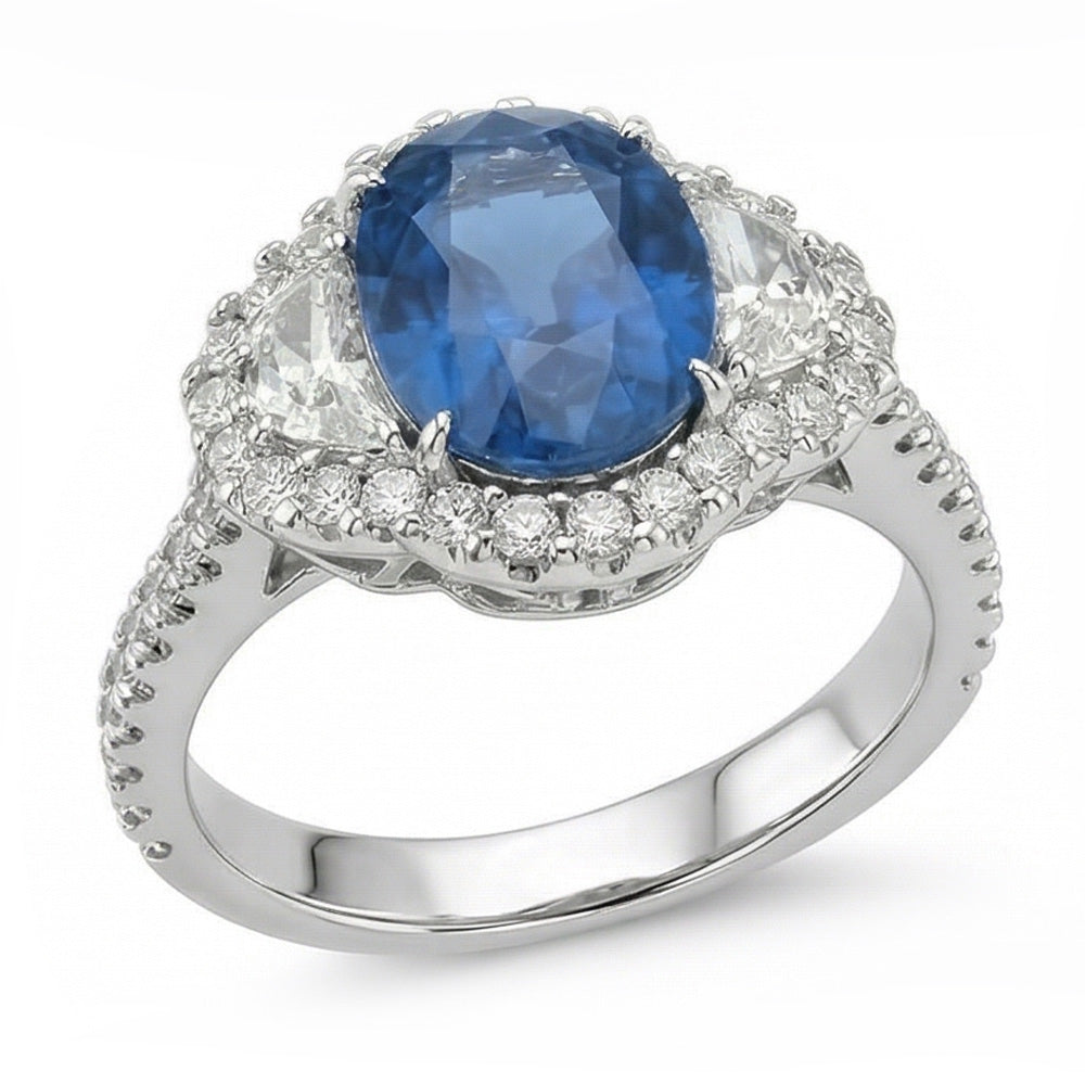Anello nuziale in oro bianco con diamante zaffiro blu dello Sri Lanka da 4.25 carati