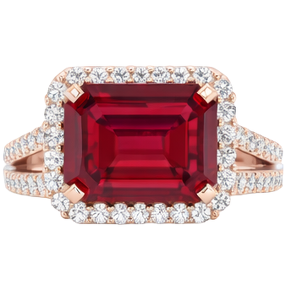Anello nuziale in oro rosa 14 carati con taglio smeraldo rubino rosso 13 ct e diamante