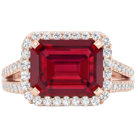 Anello nuziale in oro rosa 14 carati con taglio smeraldo rubino rosso 13 ct e diamante