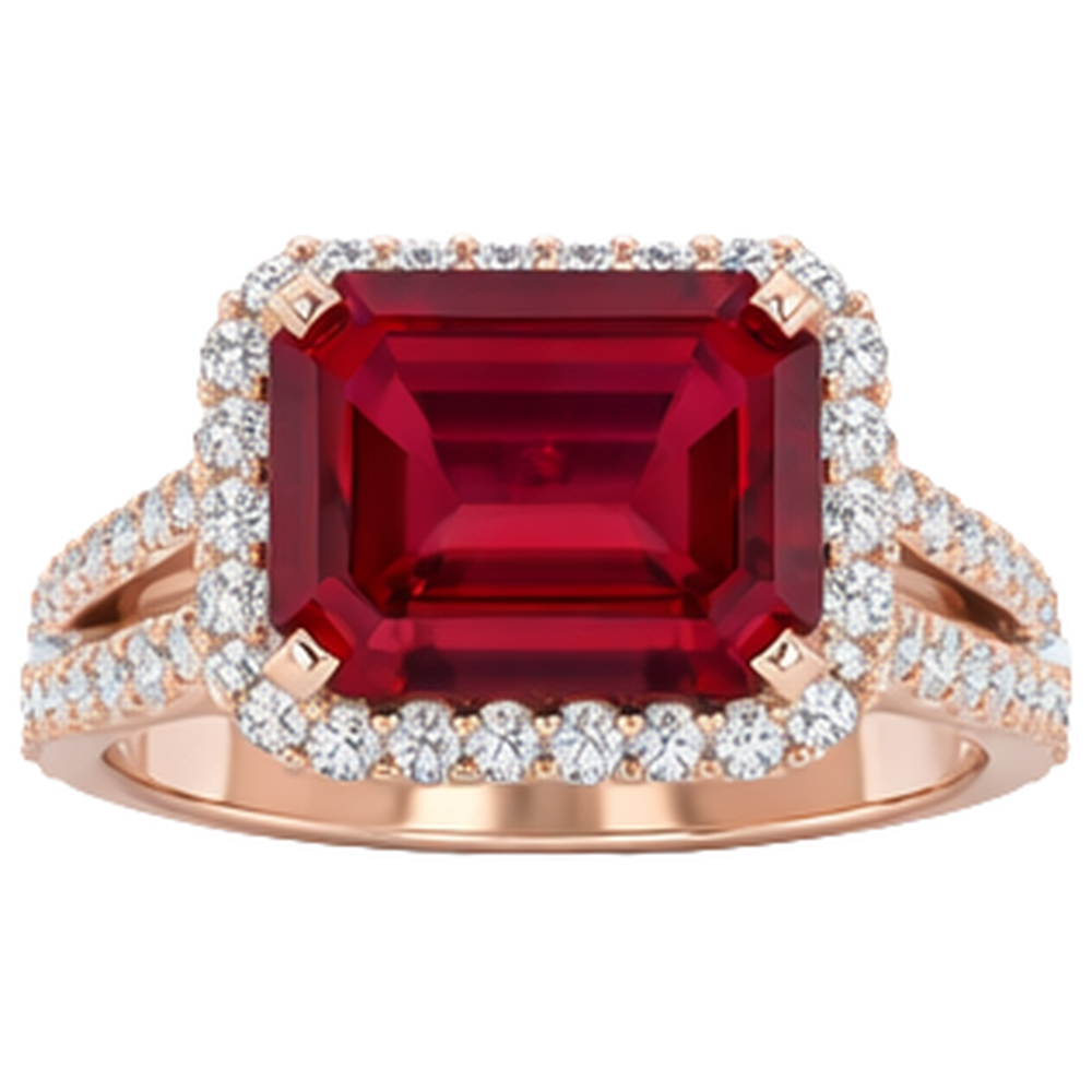 Anello nuziale in oro rosa 14 carati con taglio smeraldo rubino rosso 13 ct e diamante