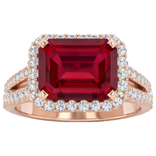 Anello nuziale in oro rosa 14 carati con taglio smeraldo rubino rosso 13 ct e diamante