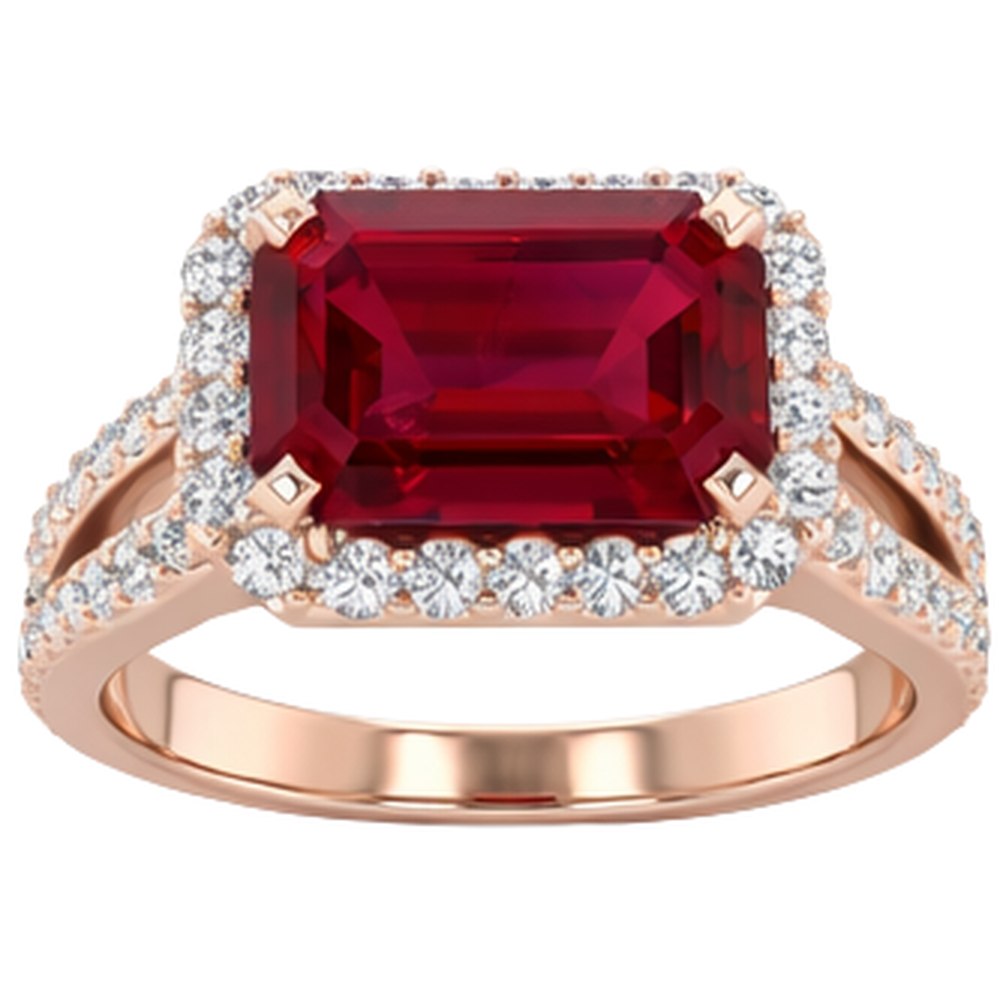 Anello nuziale in oro rosa 14 carati con taglio smeraldo rubino rosso 13 ct e diamante