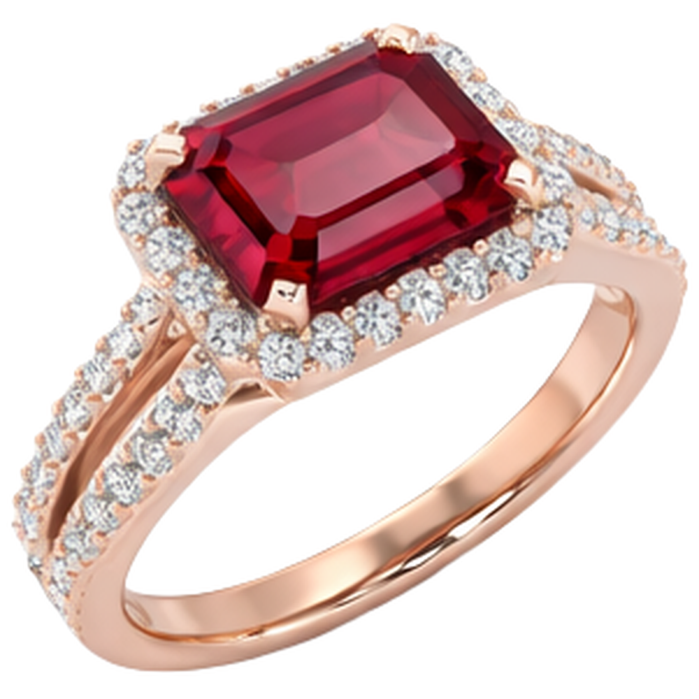 Anello nuziale in oro rosa 14 carati con taglio smeraldo rubino rosso 13 ct e diamante