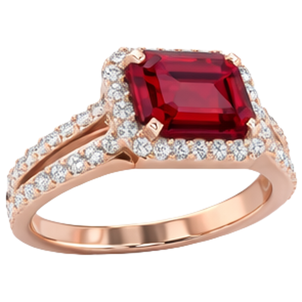 Anello nuziale in oro rosa 14 carati con taglio smeraldo rubino rosso 13 ct e diamante