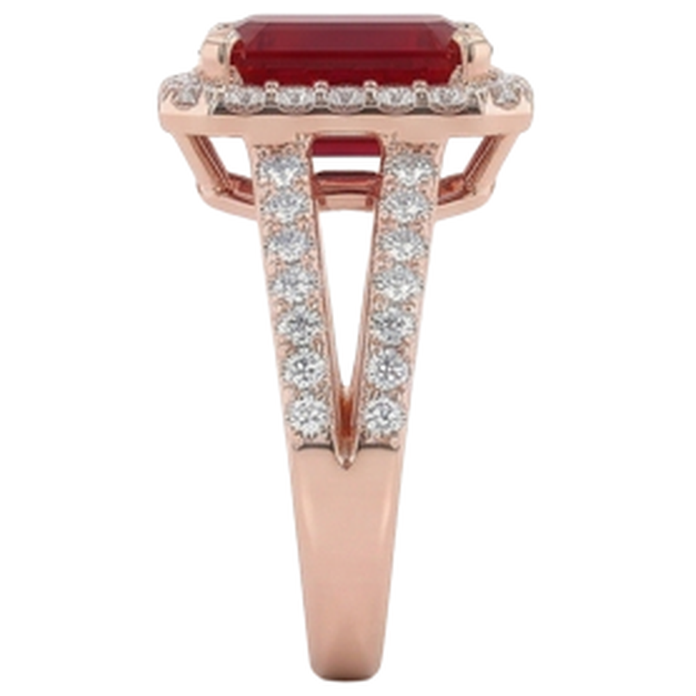 Anello nuziale in oro rosa 14 carati con taglio smeraldo rubino rosso 13 ct e diamante