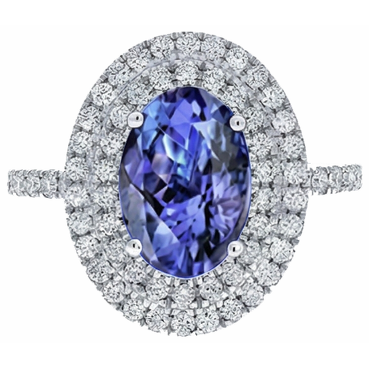 Anello nuziale in pietra tanzanite ovale blu con diamante e oro bianco 4 kt 14K