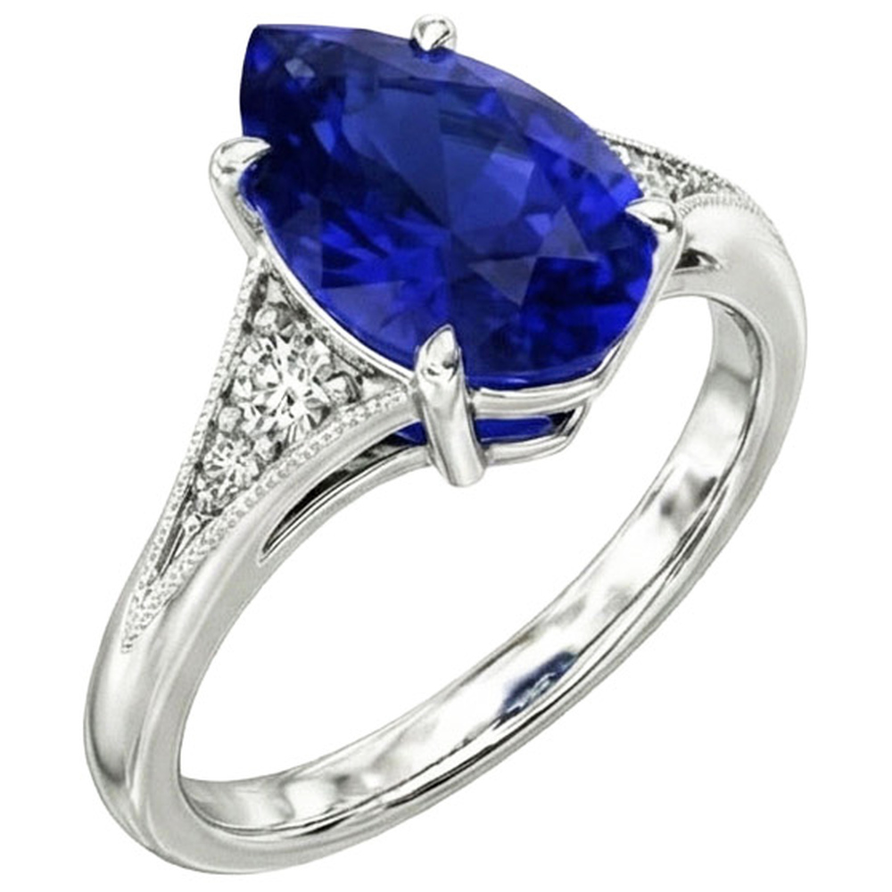 Anello nuziale in zaffiro blu con taglio a pera gioielli in stile antico 2.75 carati