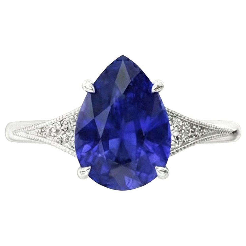 Anello nuziale in zaffiro blu con taglio a pera gioielli in stile antico 2.75 carati
