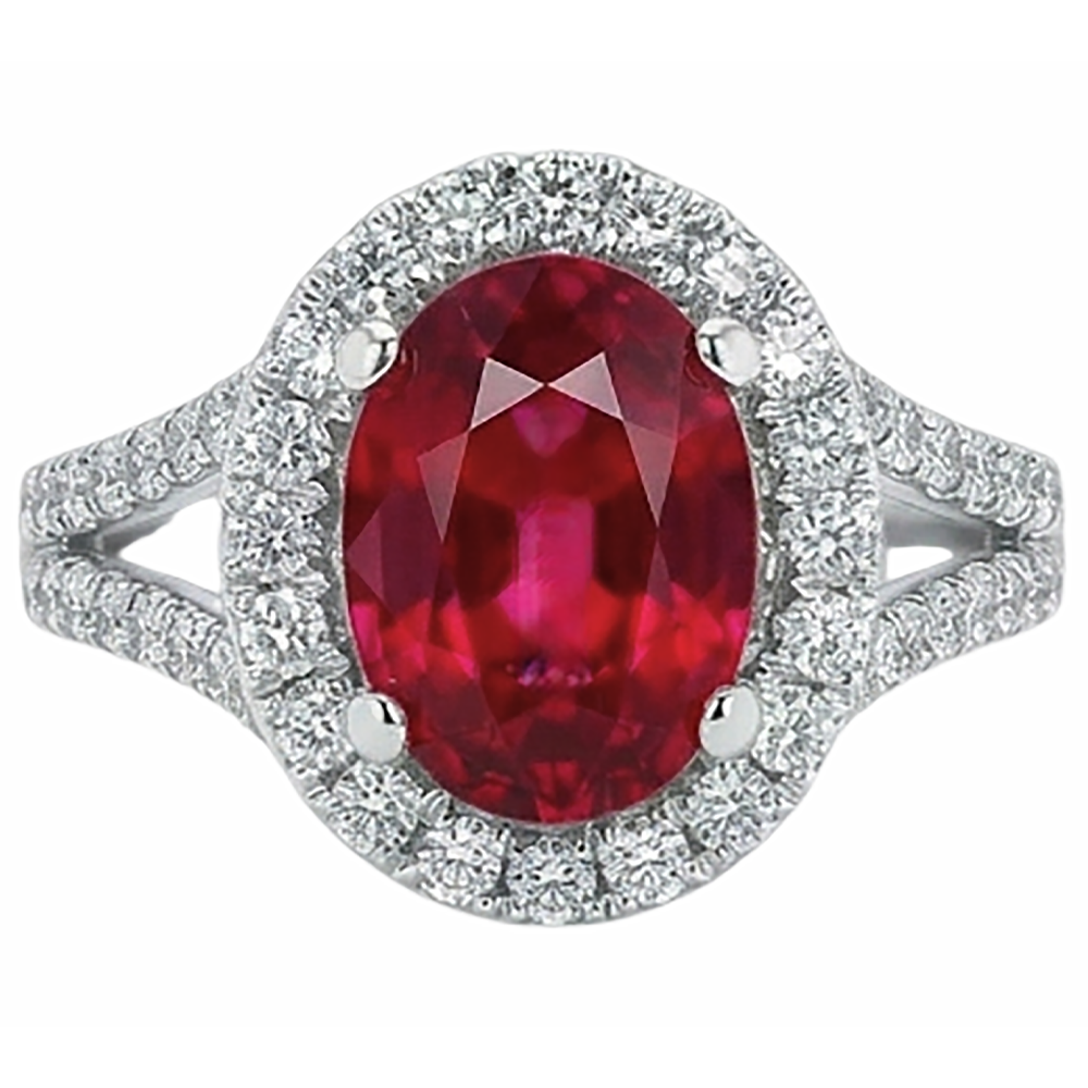 Anello nuziale rosso rubino ovale con accenti diamante 6.75 carati oro bianco