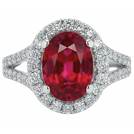 Anello nuziale rosso rubino ovale con accenti diamante 6.75 carati oro bianco