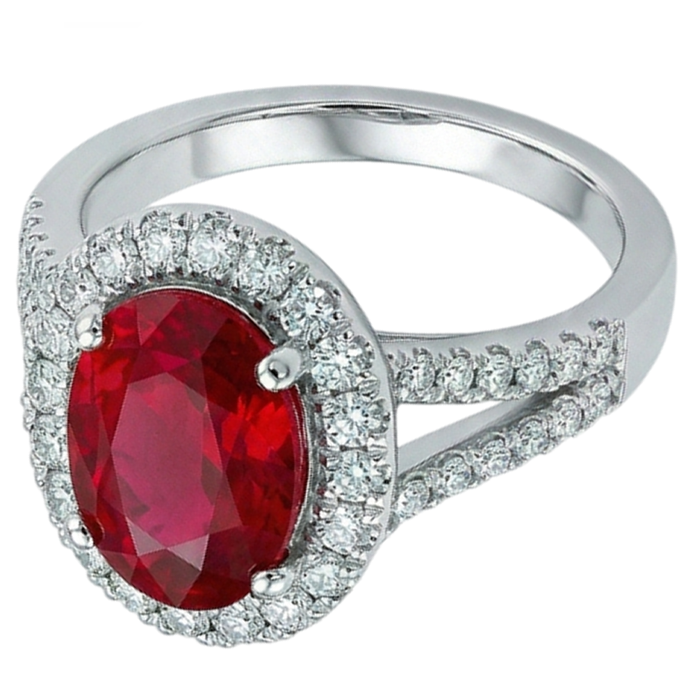 Anello nuziale rosso rubino ovale con accenti diamante 6.75 carati oro bianco