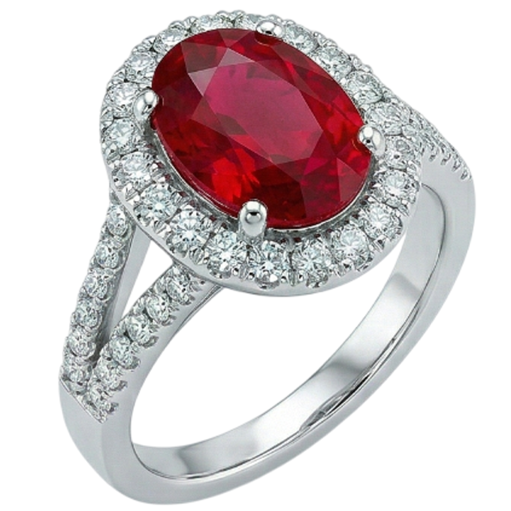 Anello nuziale rosso rubino ovale con accenti diamante 6.75 carati oro bianco