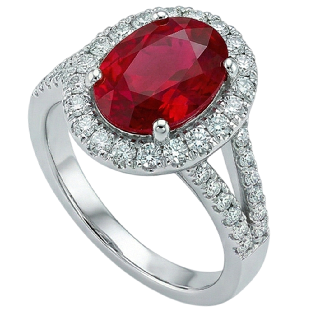 Anello nuziale rosso rubino ovale con accenti diamante 6.75 carati oro bianco