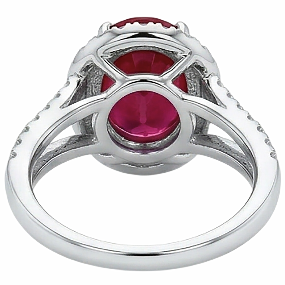 Anello nuziale rosso rubino ovale con accenti diamante 6.75 carati oro bianco
