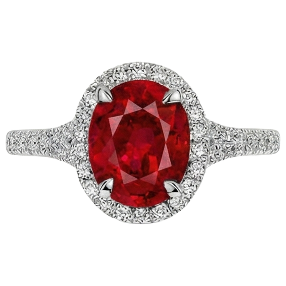 Anello nuziale rosso rubino ovale diamante oro bianco 14K 3.30 carati