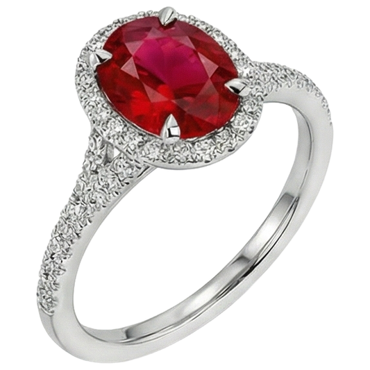 Anello nuziale rosso rubino ovale diamante oro bianco 14K 3.30 carati