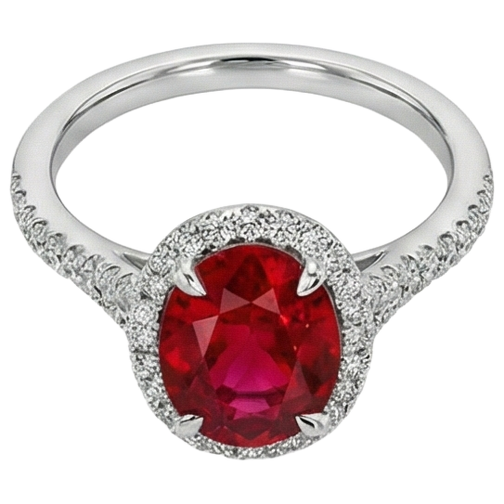 Anello nuziale rosso rubino ovale diamante oro bianco 14K 3.30 carati