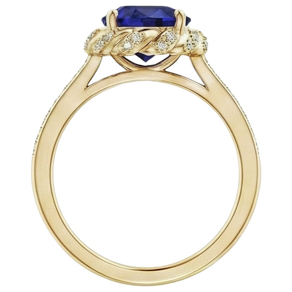 Anello ovale con gemma aureola blu zaffiro pavé di diamanti oro giallo 7 carati