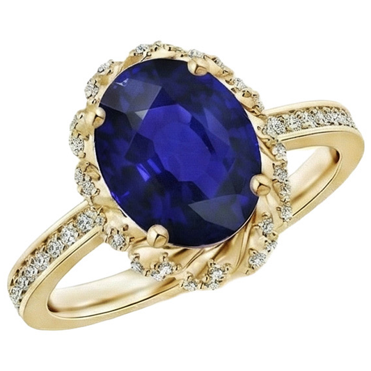Anello ovale con gemma aureola blu zaffiro pavé di diamanti oro giallo 7 carati