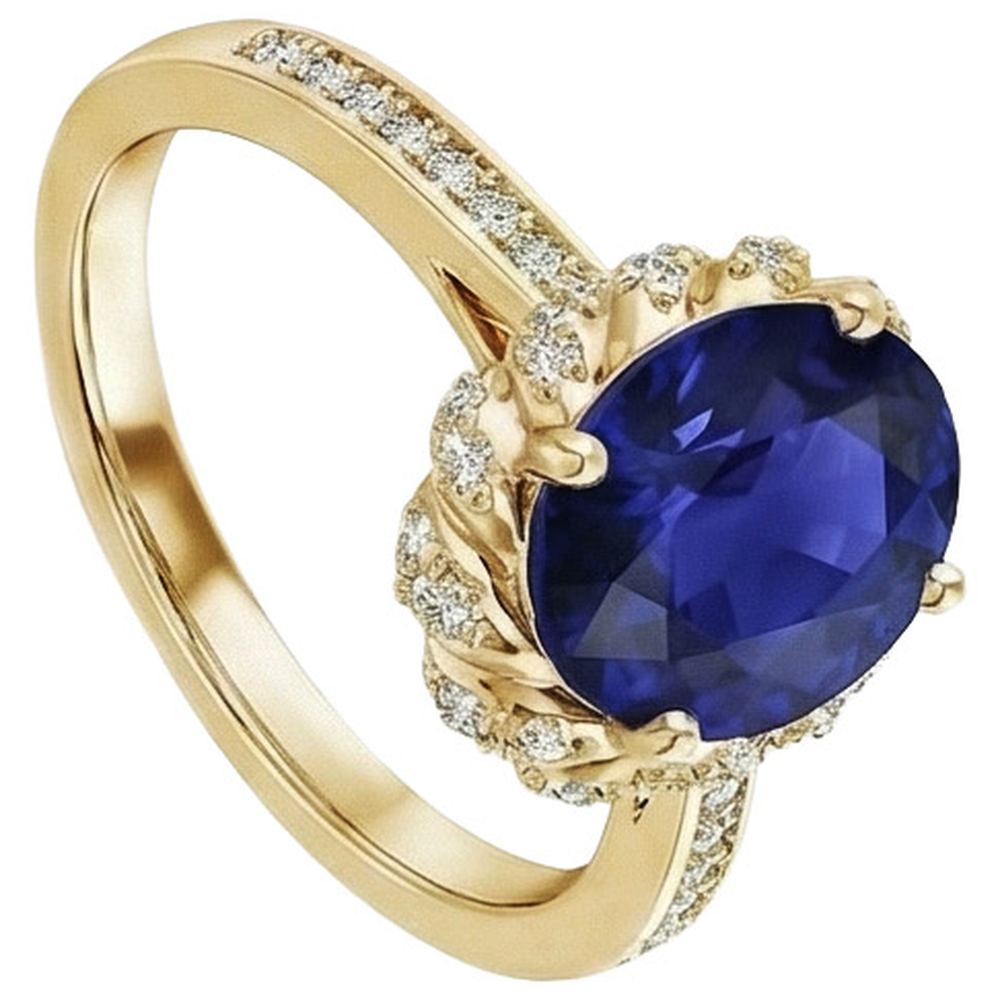 Anello ovale con gemma aureola blu zaffiro pavé di diamanti oro giallo 7 carati