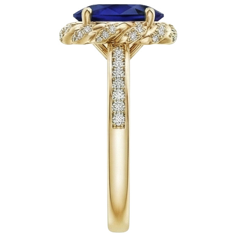 Anello ovale con gemma aureola blu zaffiro pavé di diamanti oro giallo 7 carati