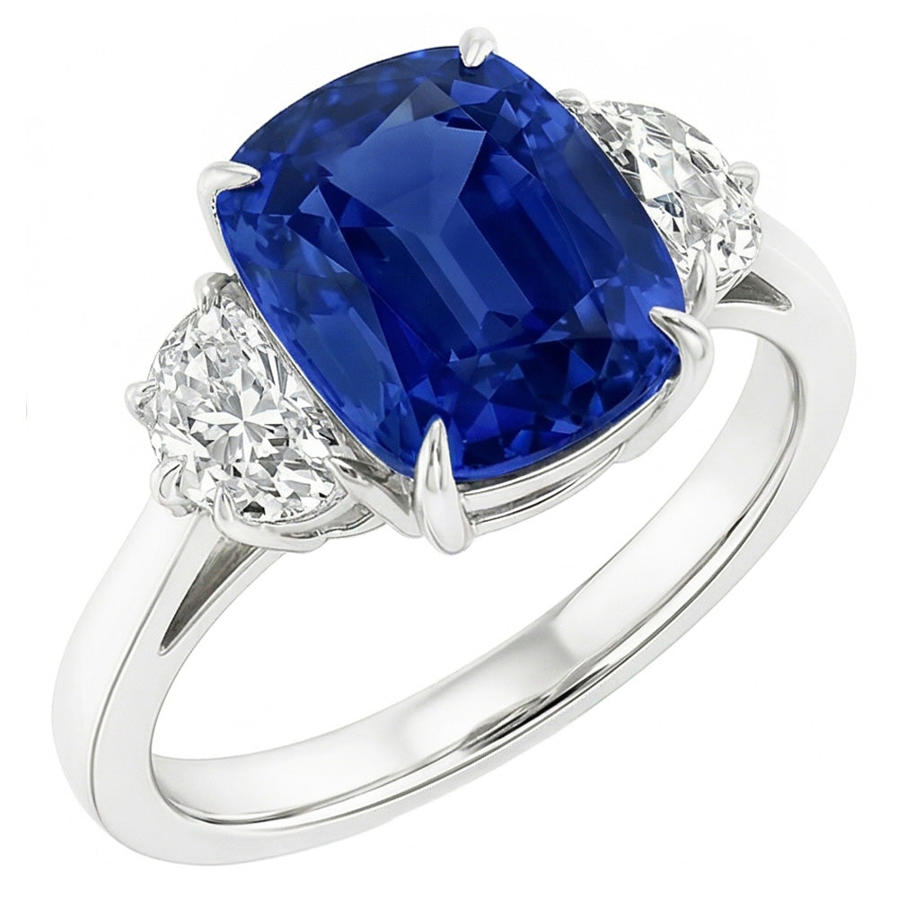 Anello ovale con tre pietre di zaffiro blu 4.50 carati di diamanti a mezza luna