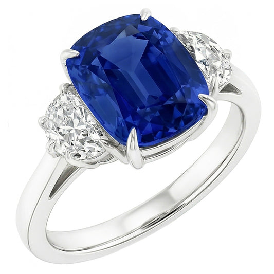 Anello ovale con tre pietre di zaffiro blu 4.50 carati di diamanti a mezza luna