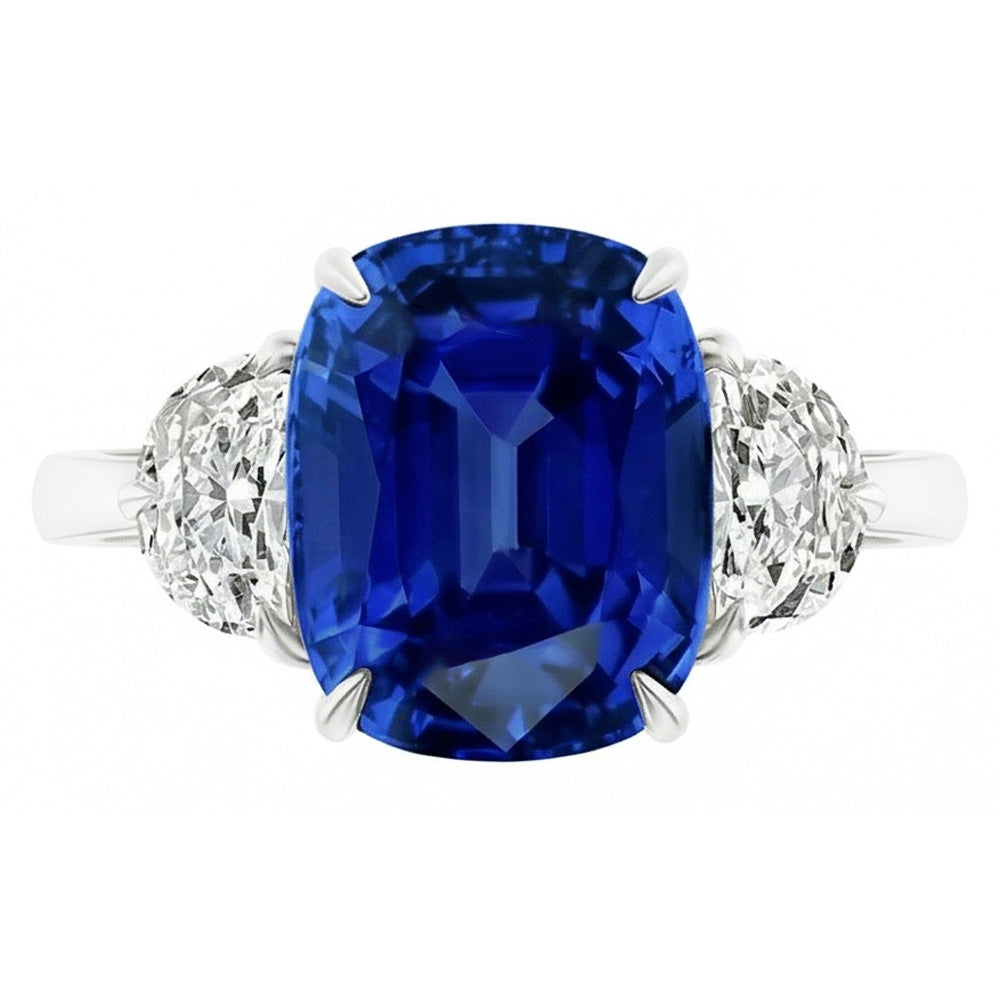 Anello ovale con tre pietre di zaffiro blu 4.50 carati di diamanti a mezza luna