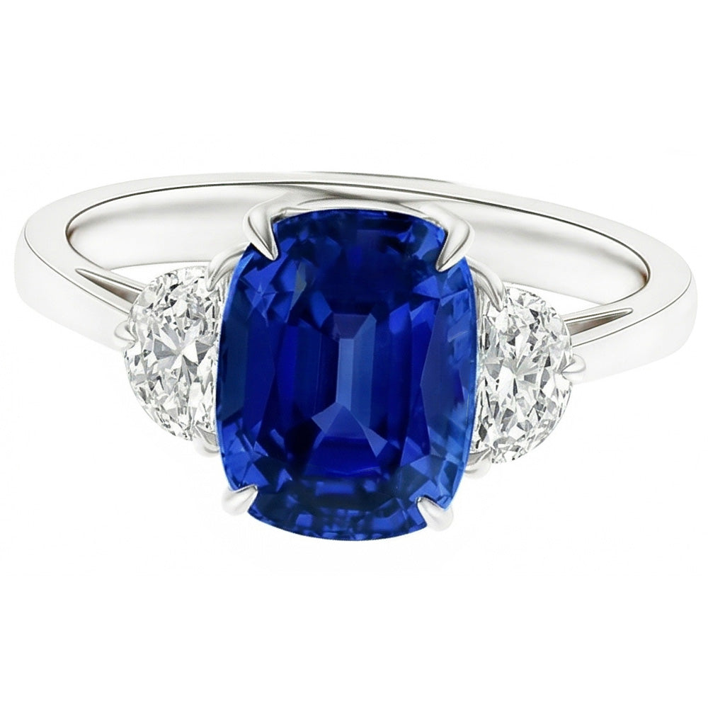 Anello ovale con tre pietre di zaffiro blu 4.50 carati di diamanti a mezza luna