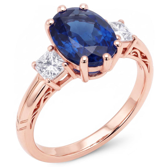 Anello ovale con tre pietre di zaffiro blu e diamanti 2.50 carati