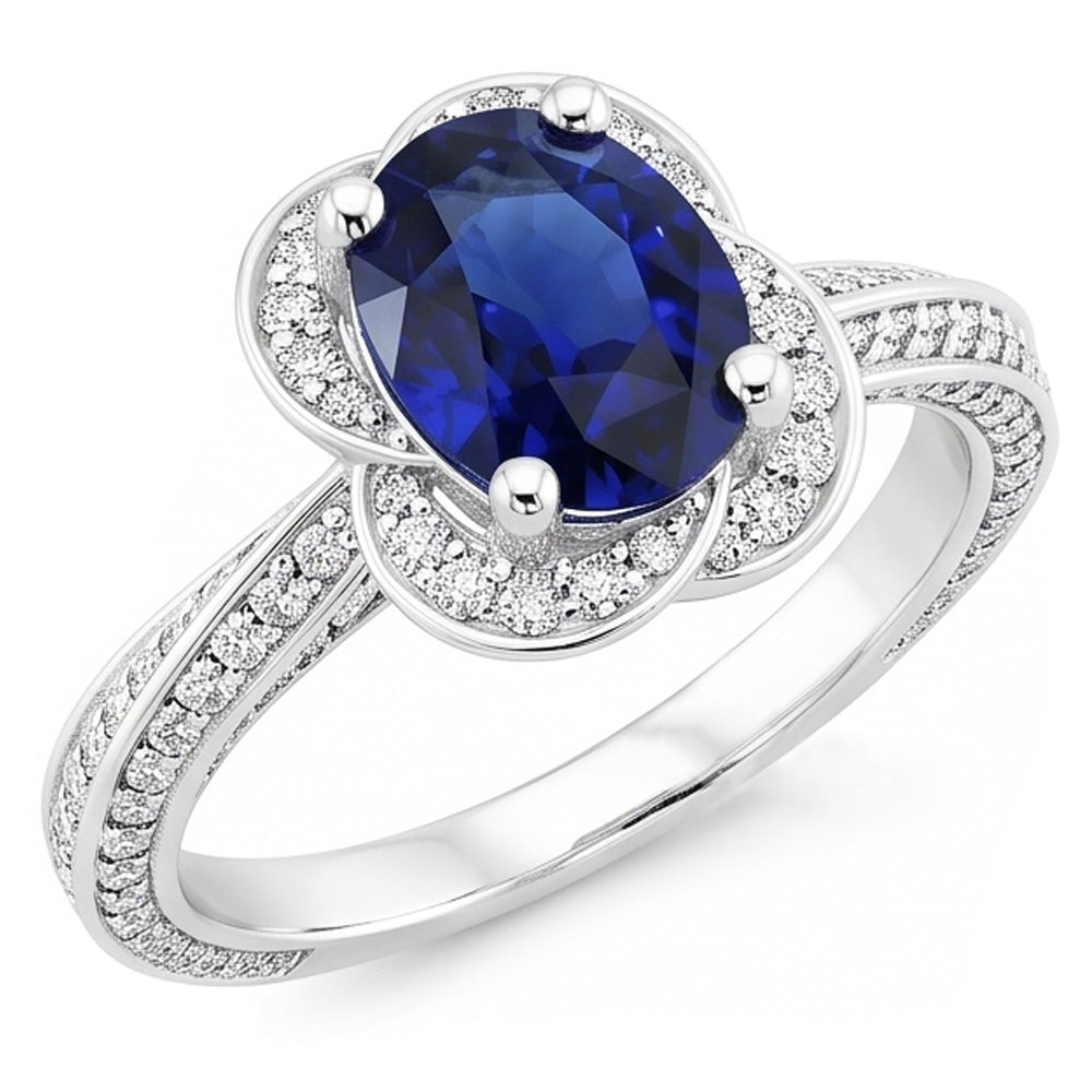 Anello ovale con zaffiro dello Sri Lanka Anello con 5 carati di diamanti stile fiore