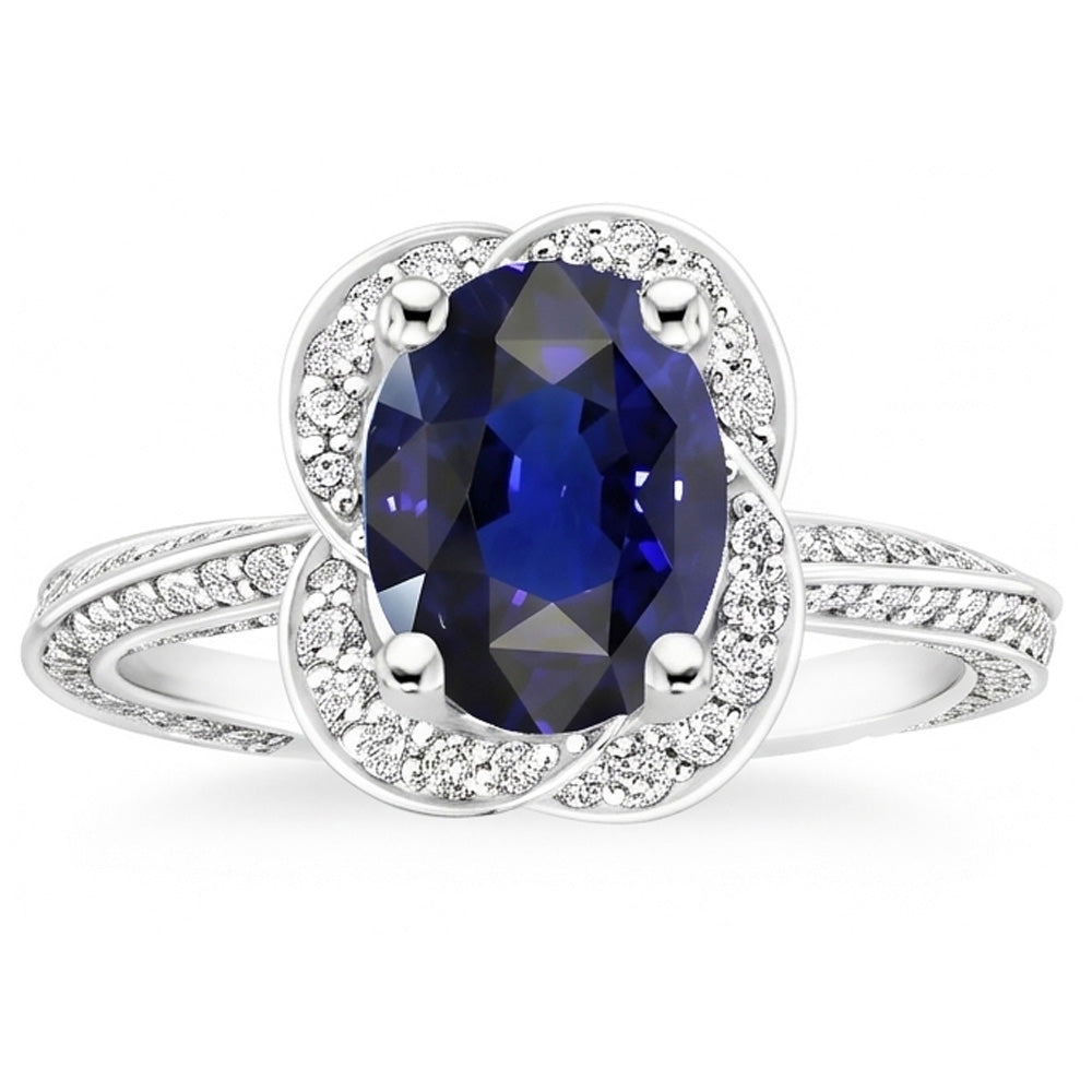 Anello ovale con zaffiro dello Sri Lanka Anello con 5 carati di diamanti stile fiore