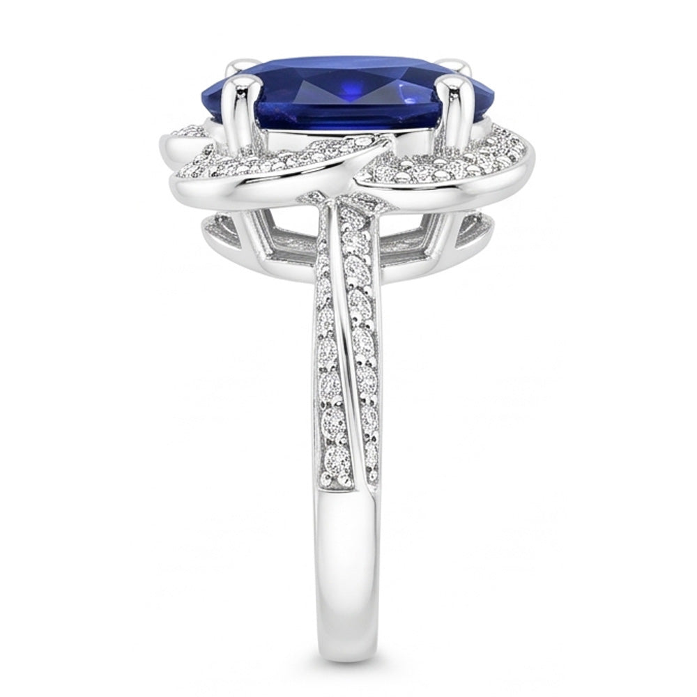 Anello ovale con zaffiro dello Sri Lanka Anello con 5 carati di diamanti stile fiore