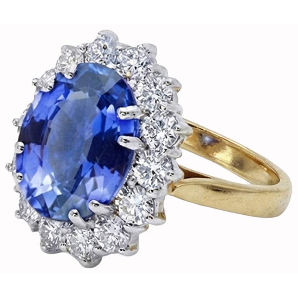 Anello ovale con zaffiro di Ceylon e diamanti da 8,50 ct Anello in oro bianco bicolore 14K