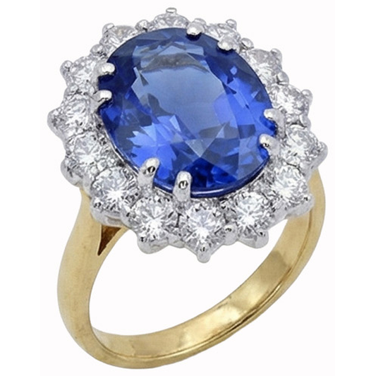 Anello ovale con zaffiro di Ceylon e diamanti da 8,50 ct Anello in oro bianco bicolore 14K