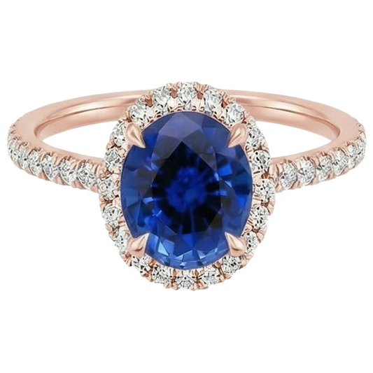 Anello ovale con zaffiro e diamanti. 8 carati. gioielli in oro rosa 14K
