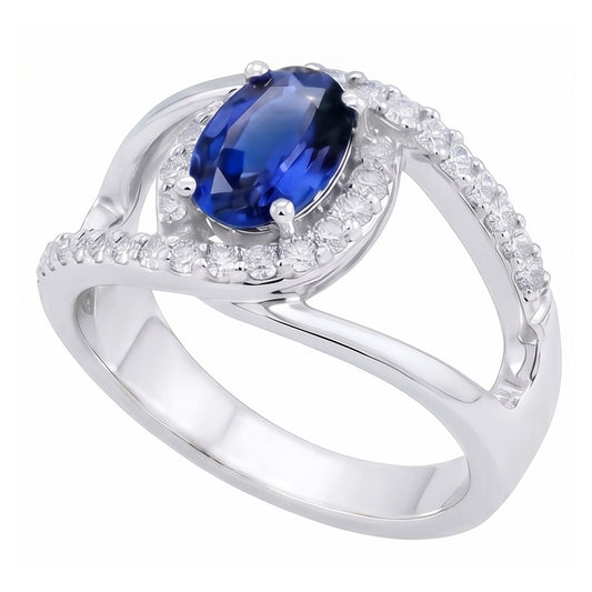 Anello ovale in oro bianco 14K con zaffiro blu di Ceylon e diamanti da 2,75 ct