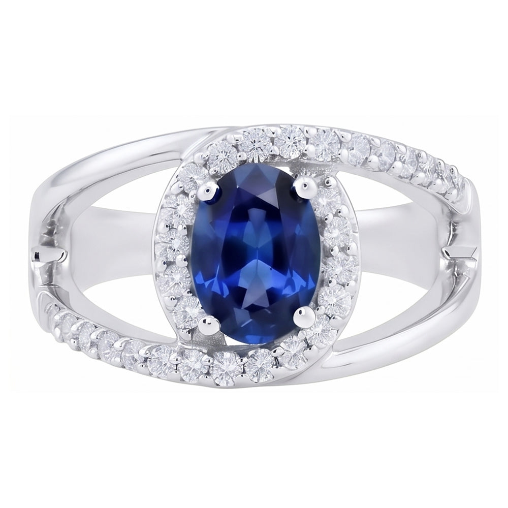 Anello ovale in oro bianco 14K con zaffiro blu di Ceylon e diamanti da 2,75 ct