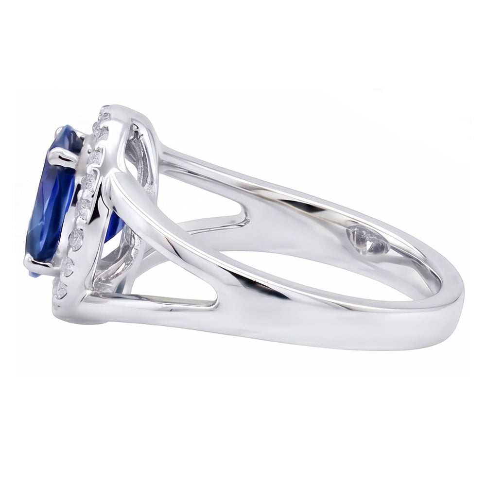 Anello ovale in oro bianco 14K con zaffiro blu di Ceylon e diamanti da 2,75 ct